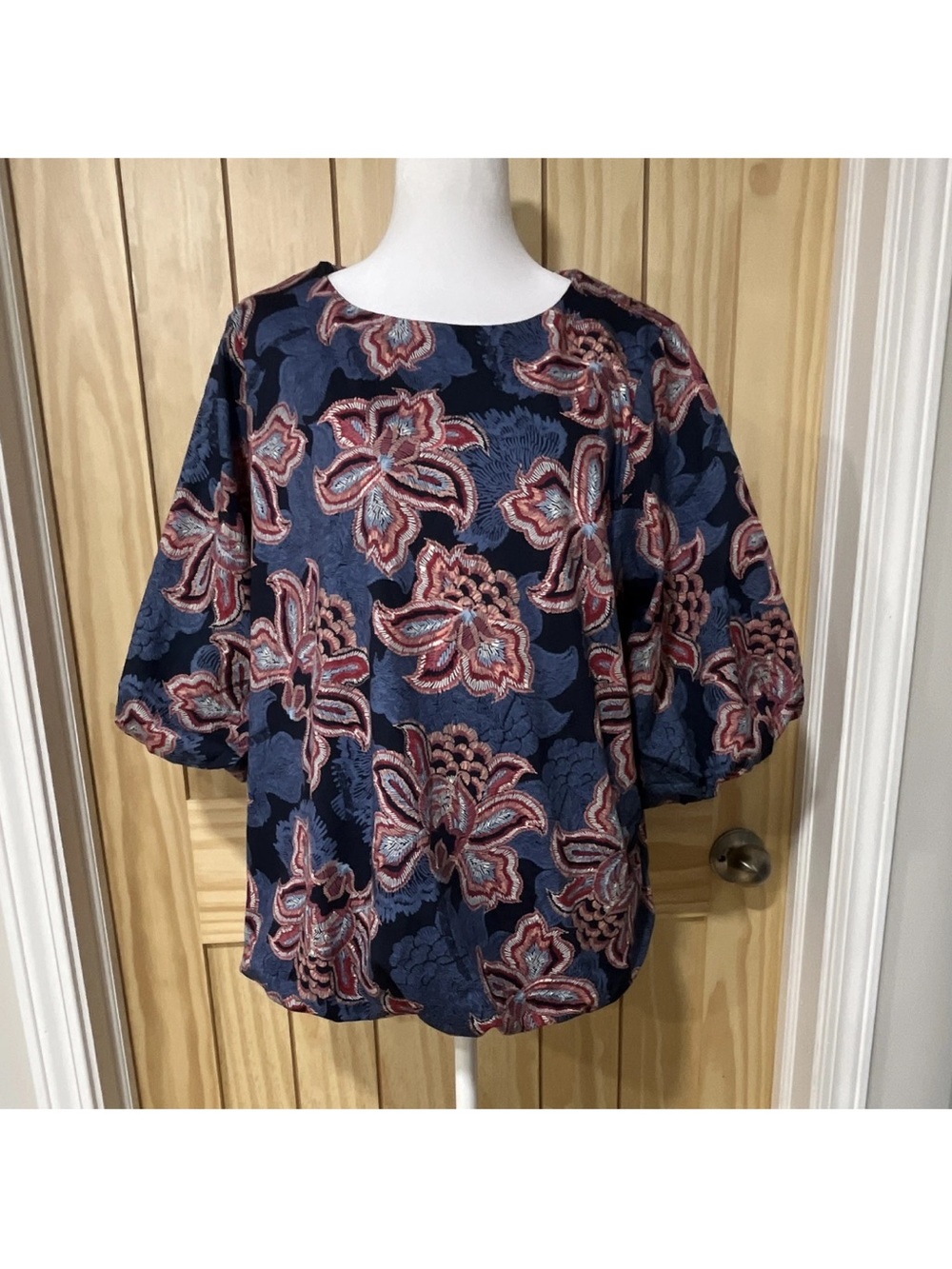 Chico's Navy Floral Boxy Peplum Blouse